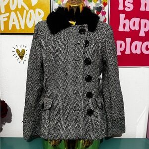 Michael F. Women’s Herringbone Wool Blend Coat - Size M - Faux Fur Collar